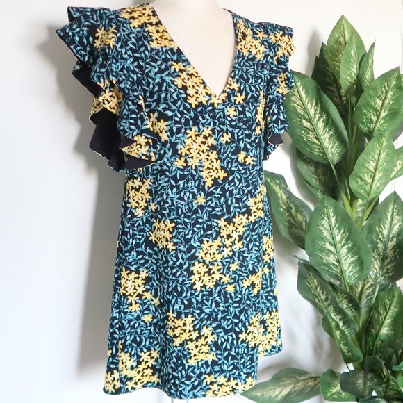ZARA Basic Floral Ruffle Sleeve Mini Dress Blue Yellow Medium - Picture 14 of 14